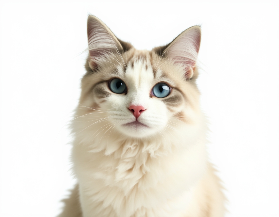 Close-up portrait of cat on a white background, with its alert expression and intricate details of its fur and whiskers in sharp focus.